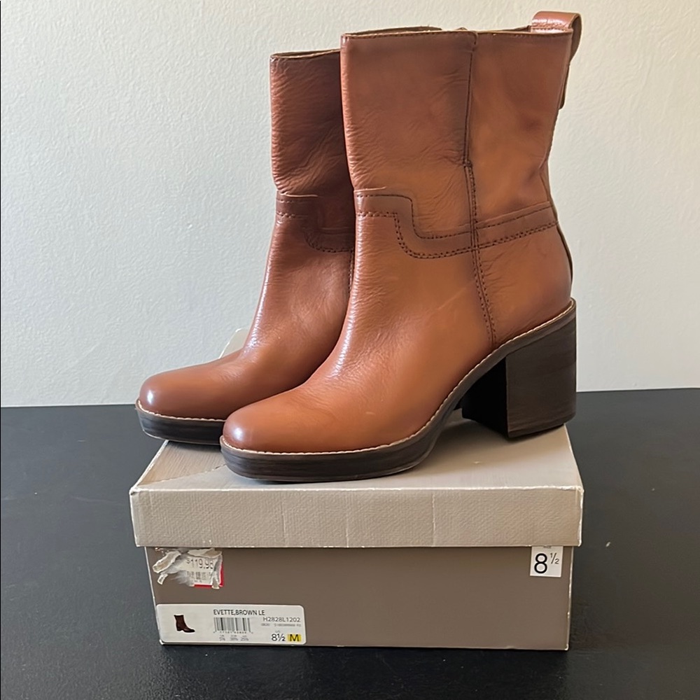 Franco Sarto Brown Heeled Boots with Chunky Block Heel and Smooth Leather